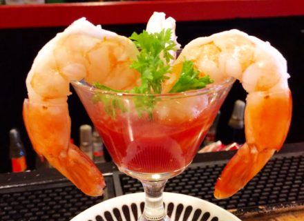 Shrimp cocktail with tomato based sweet puree