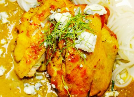 Oom chicken thigh, played with blue cheese cilantro pesto noodle. 