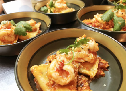 Spinach ravioli with shrimp and chicken meat sauce paired with 2016 Marc Brédif Vouvray Classic Chenin Blanc