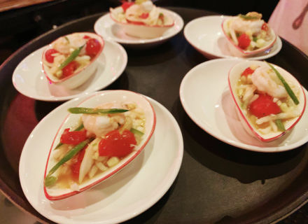 Chambord / Spanish Sparkling Wine / Lemon Twist paired with Amuse-bouche shrimp / corn /sunchoke / grape tomato