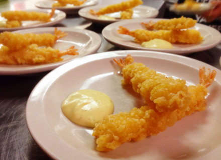 Shrimp tempura served with creamy wasabi sauce