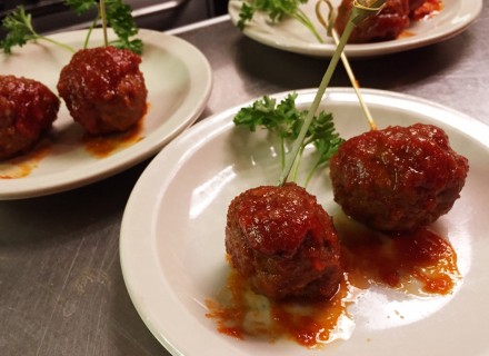 Ball of fire, meat ball with a spicy tropical tomato sauce. Paired up with 2012 Skyfall Merlot, Columbia Valley, Walla Walla Washington.