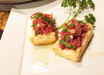 Pulled corn beef hash, on top of puff pastry