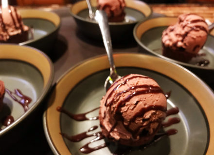 House made chocolate ice cream over chocolate fudge brownie