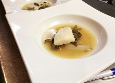 Savory fish fillet soup paired with 2016 La Poussie Sancerre Sauvignon Blanc