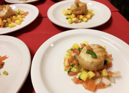 chilled dry vermouth paired up with steamed miso scallop with mango salsa
